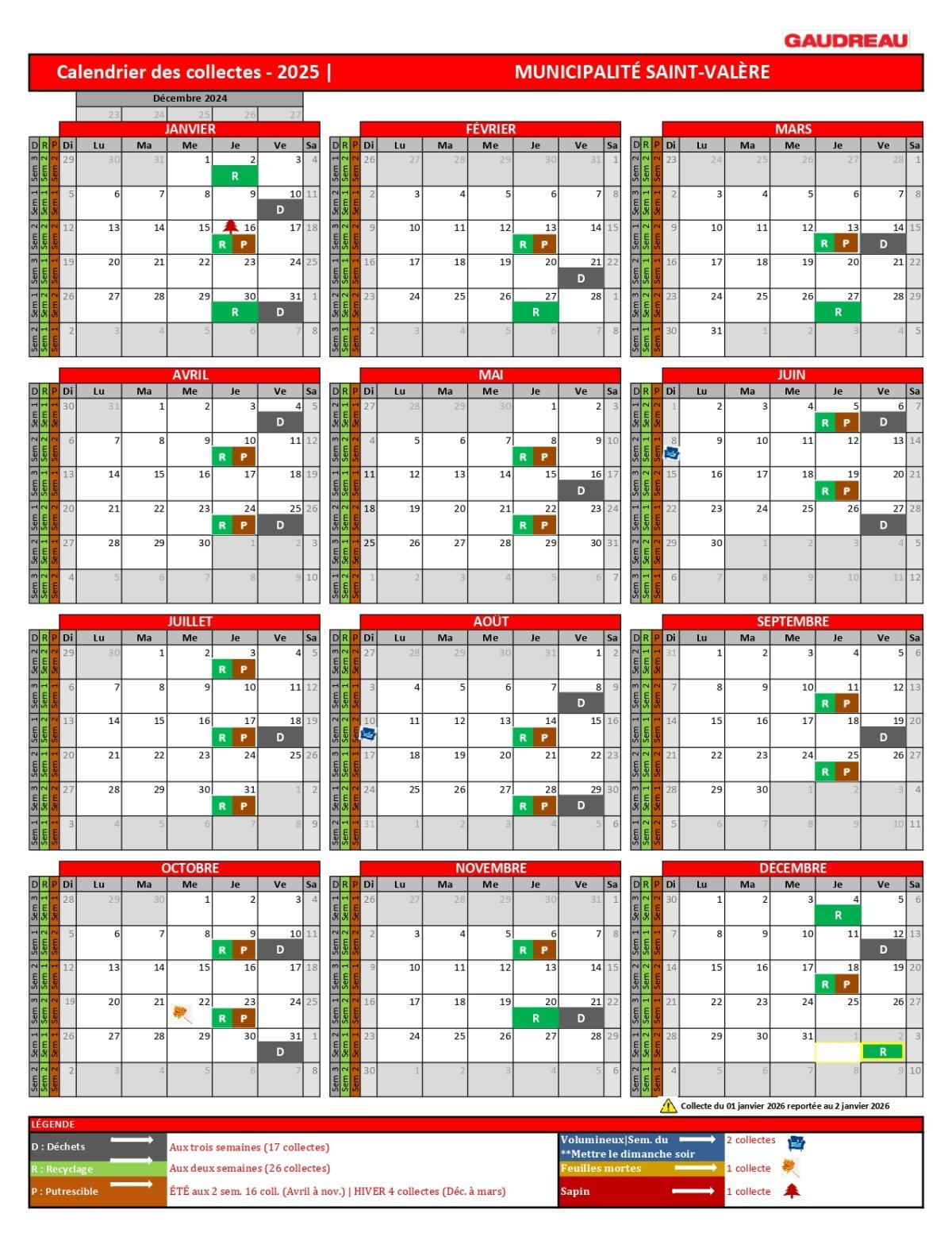 Calendrier des collectes 2025 sommaire